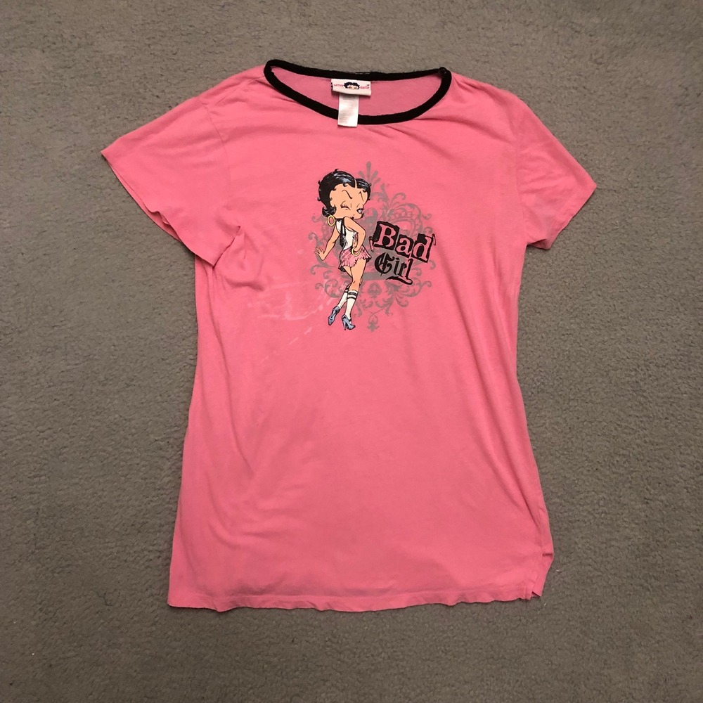 Vtg 2007 Betty Boop Bad Girl Pink Ringer Tee Graphic T-Shirt Slim Fit Large